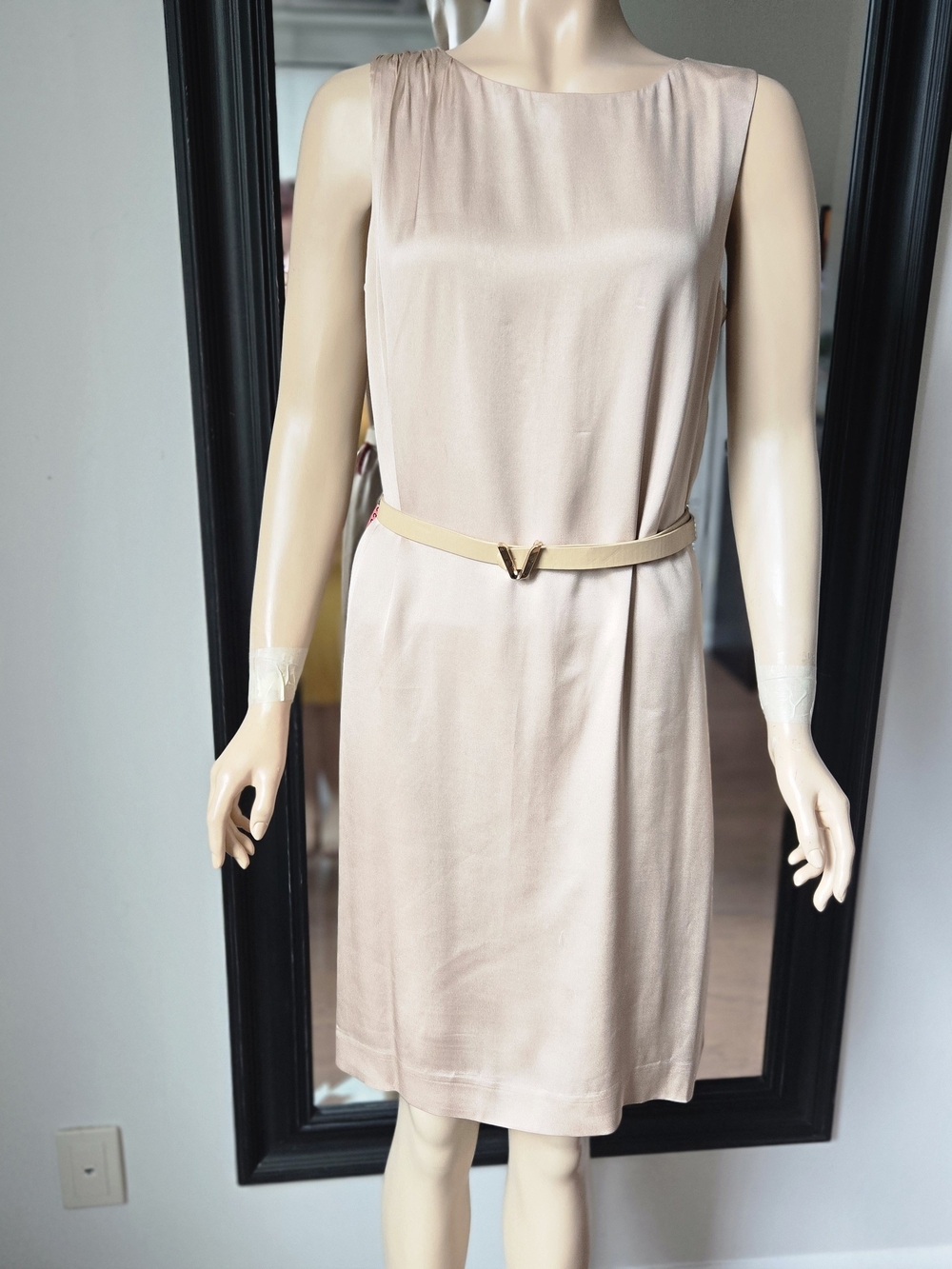 Theory SILK Sleeveless Beige Midi Dress with LEATHER Belt